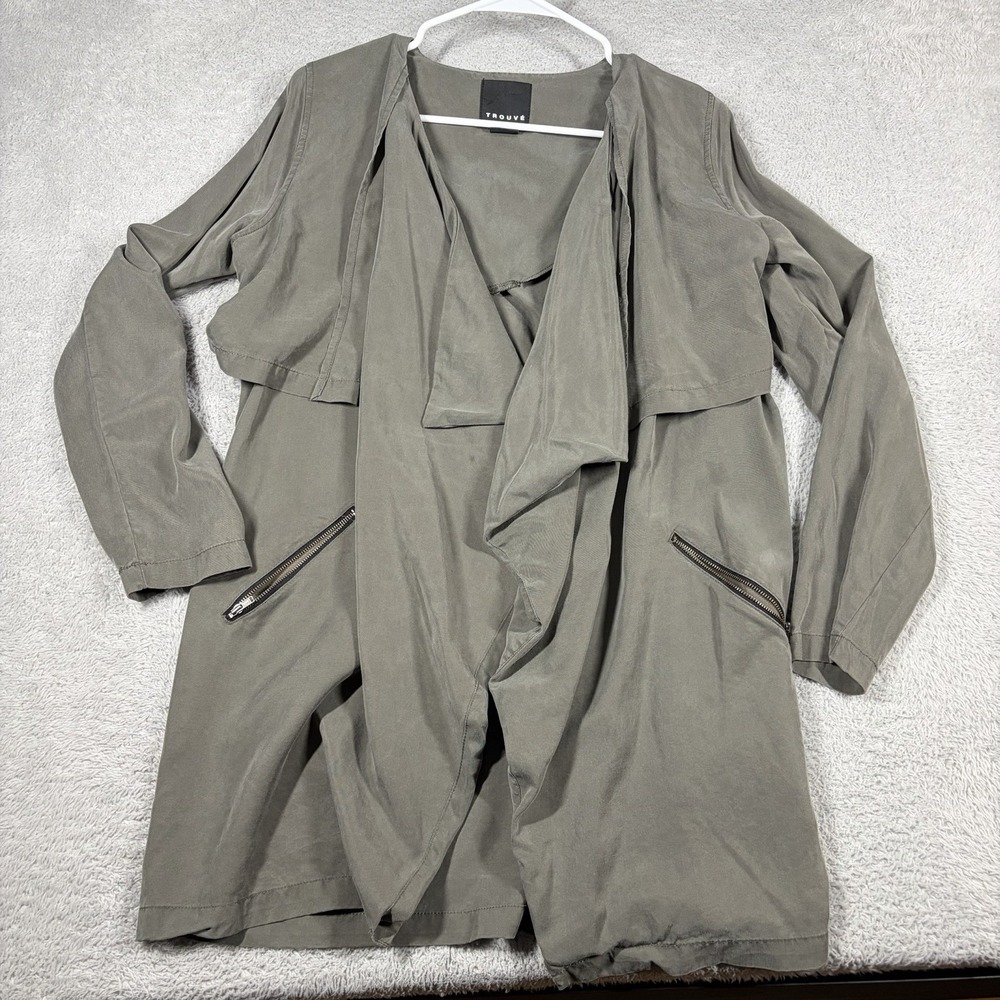 Trouve Tencel Waterfall Open Utility Jacket Womens M Draped Lagenlook Long Gray